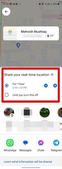 Heure de localisation en direct de Google Maps Whatsapp